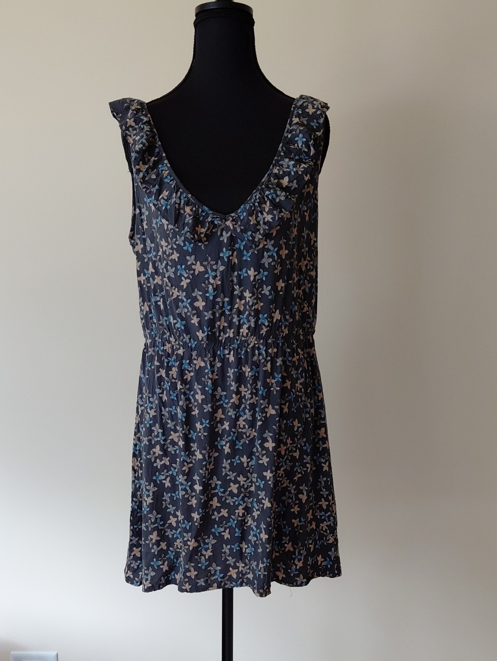 Sleeveless Floral Print V-Neck Dress - Blue/Gray